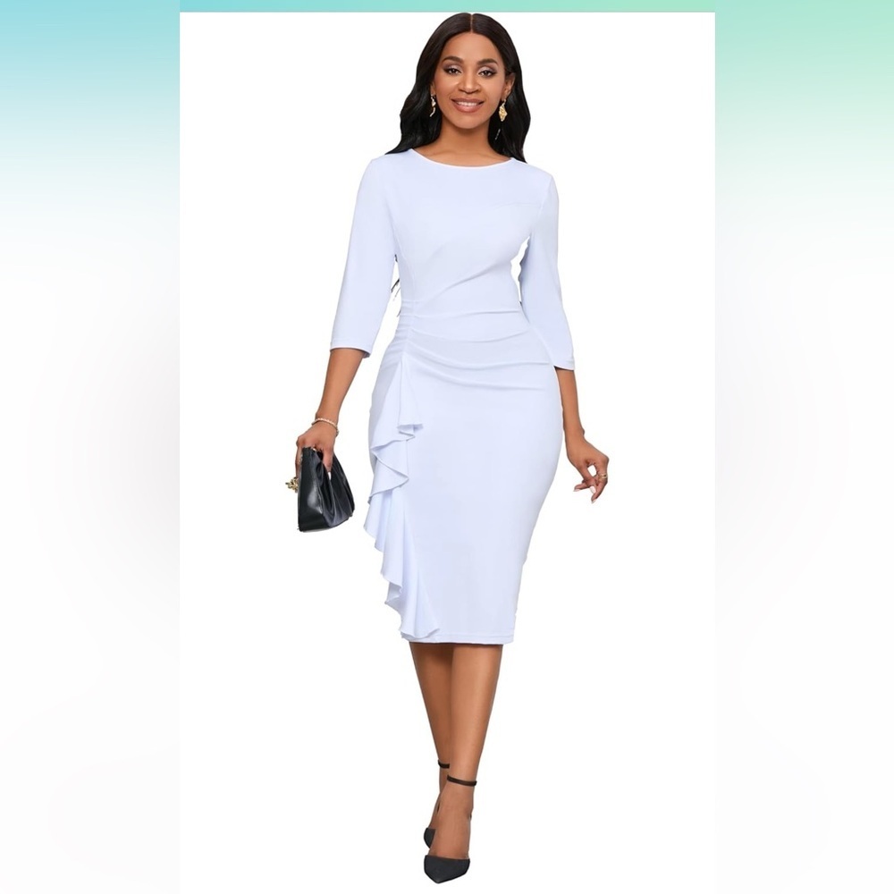 Church Dresses for Women 3/4 Sleeve Bodycon Ruffle Vintage Work Midi Pencil Dres